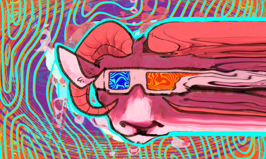 A reddish-pink illustration of Cam the Ram wearing 3D paper glasses. Behind Cam is a psychedelic swirl background with the colors purple, green, blue and orange.