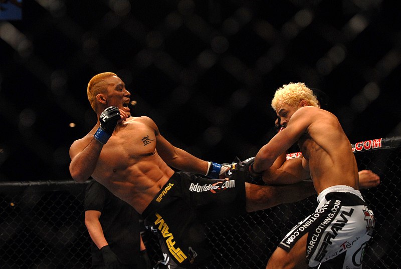 UFC fighter Yoshiyuki Yoshida kicks opponent Josh Koscheck during the UFC's Fight for the Troops event held at the Crown Coliseum in Fayetteville, North Carolina, Dec. 17, 2008. Koscheck won the match by knocking out Yoshida in the first round. (U.S. Army photo by Spc. Christopher Grammer, 50th Public Affairs Detachment Via Wikimedia Commons)