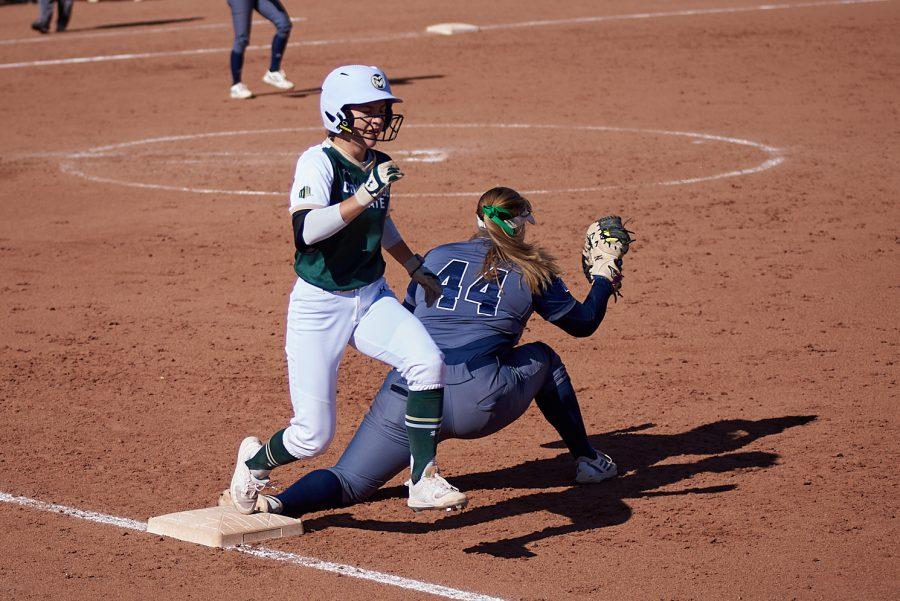 Graduate Student, Ashley Michelena, gets out at first. Colorado state rams play against UNR on Friday, April 29. Colorado state won their first game of the 3 part series 16-4