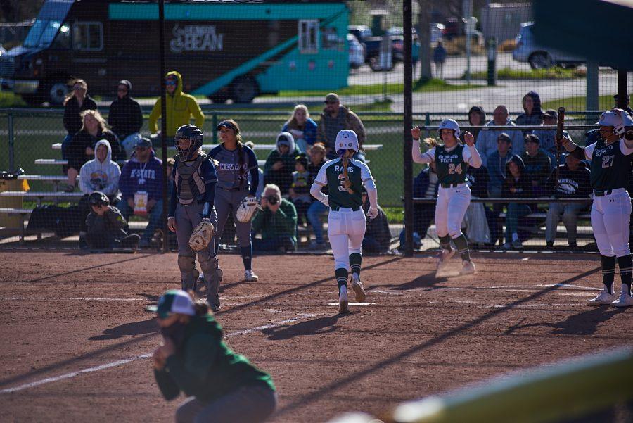 Freshman, Morgan Crosby, scores her secoind out of three total runs. Colorado state rams play against UNR on Friday, April 29. Colorado state won their first game of the 3 part series 16-4