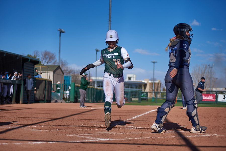 Senior, Kaitlyn Cook, hits a line drive to deep centerfield. Cook gets the RBI with Makenna McVay scoringa run. Colorado state rams play against UNR on Friday, April 29. Colorado state won their first game of the 3 part series 16-4