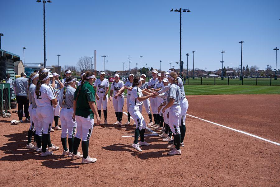 The+Colorado+State+University+Rams+softball+team+celebrates+after+winning+against+the+University+of+Nevada%2C+Reno+April+30.+Colorado+State+won+the+second+game+of+the+three-part+series+9-5.