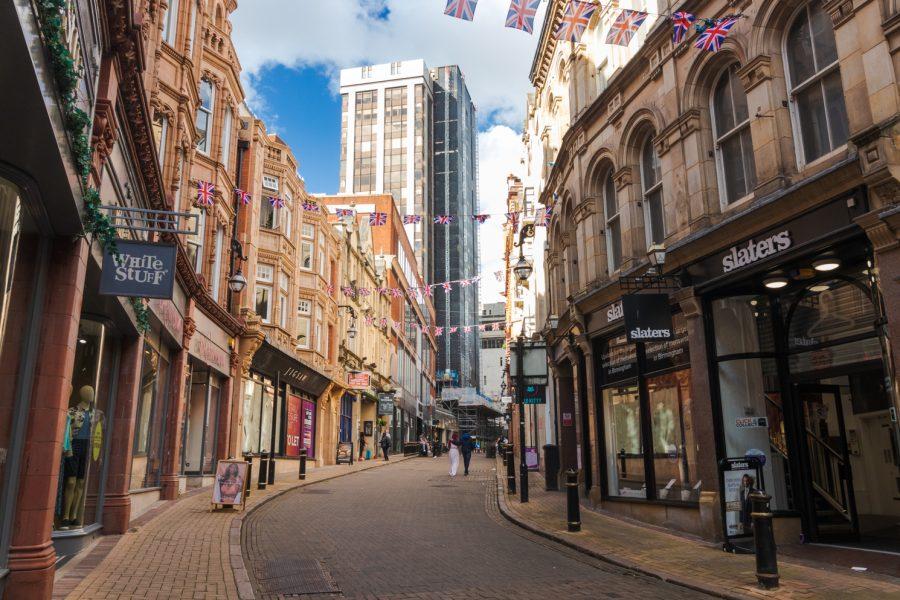 An English street with Union Jack flags