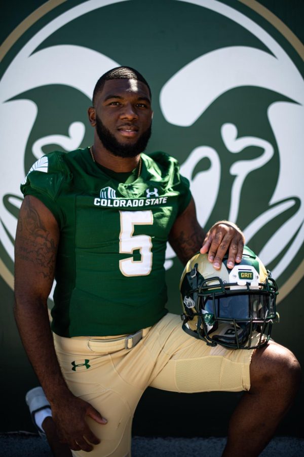 Colorado State University Linebacker Dequan Jackson (5) poses for a photo at Canvas Stadium in Fort Collins Colorado Aug. 18