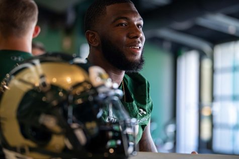 Colorado State University Linebacker Dequan Jackson (5) poses for a photo at Canvas Stadium in Fort Collins Colorado Aug. 18