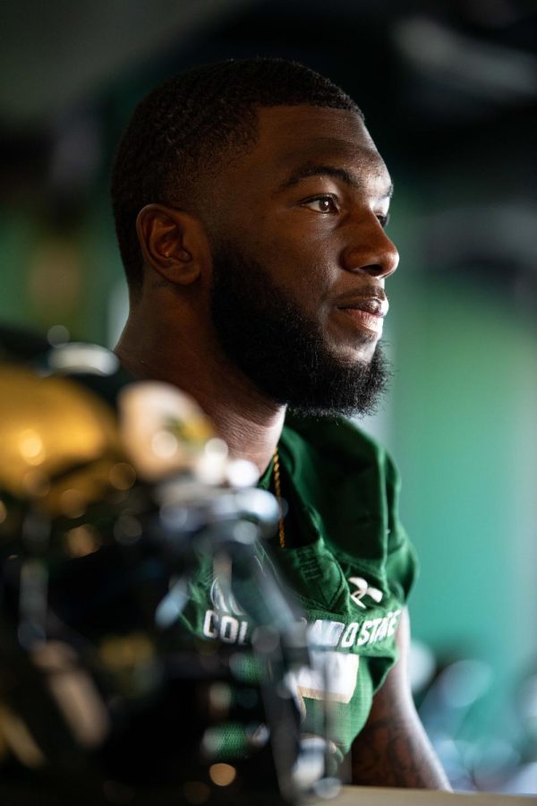 Colorado State University Linebacker Dequan Jackson (5) poses for a photo at Canvas Stadium in Fort Collins Colorado Aug. 18
