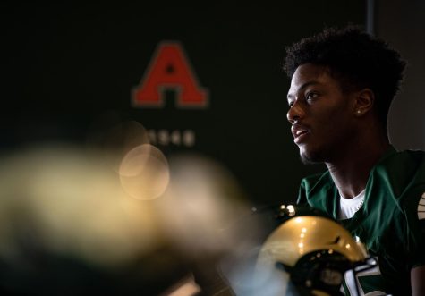 Colorado State University Wide Receiver Justus-Simmons (85) sits inside Canvas Stadium during an interview Aug. 18