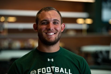Colorado State University Tight End Tanner Arkin (89) poses for a photo inside Canvas Stadium in Fort Collins Colorado Aug. 18