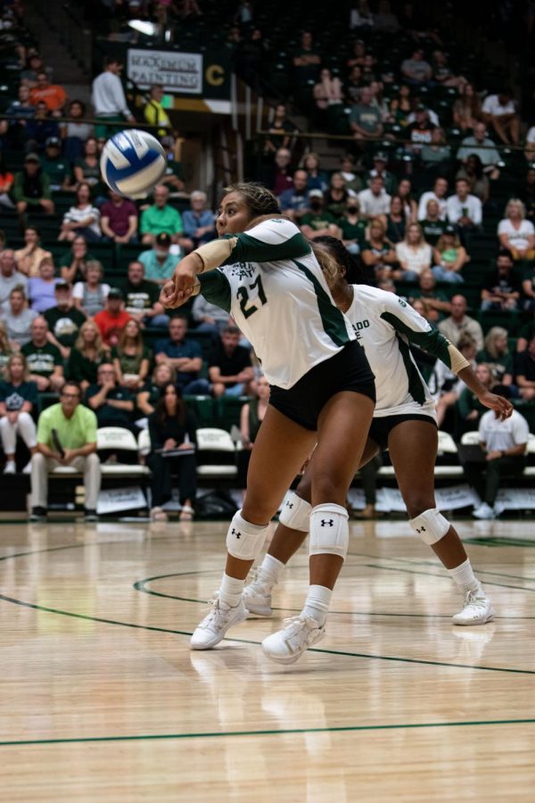 Colorado State University defensive specialist Helena Perez (27) bumps the ball during the CSU Volleyball game against the North Carolina Tarheels at Moby Arena Aug. 26 The Game resulted in a win for CSU of 25-17.