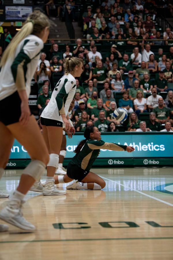 Colorado State University Defensive Specialist Kate Yoshimoto (18) prepares to bump the ball during the CSU Volleyball game against the North Carolina Tarheels at Moby Arena Aug. 26. The Game resulted in a win for CSU of 25-17.