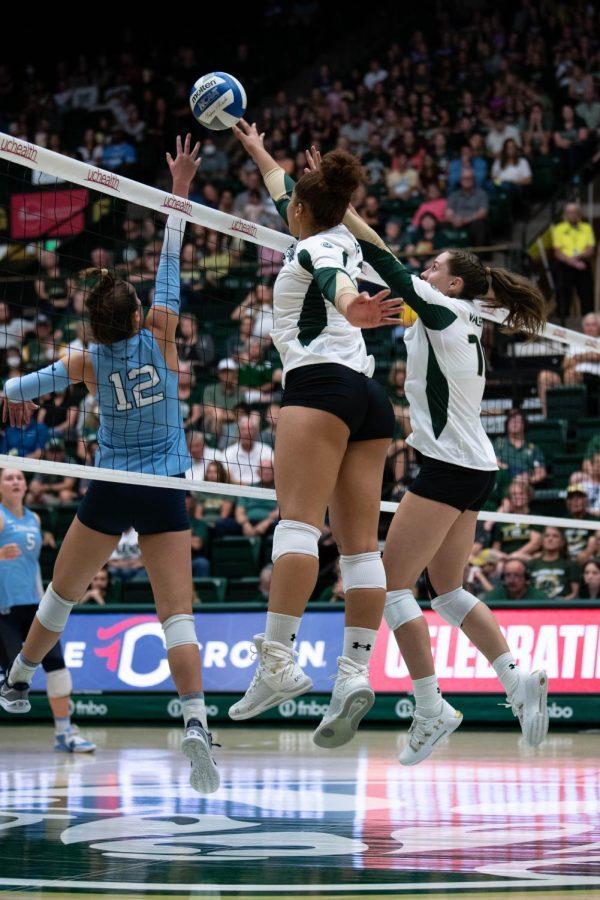 Colorado State University Middle Blocker Malaya Jones (1) blocks the ball during the CSU Volleyball game against the North Carolina Tarheels at Moby Arena Aug. 26 The Game resulted in a win for CSU of 25-17.