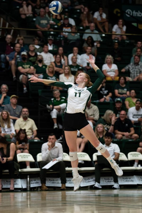 Colorado State University Setter Ciera Pritchard (11) serves the ball during the CSU Volleyball game against the North Carolina Tarheels at Moby Arena Aug. 26 The Game resulted in a win for CSU of 25-17.
