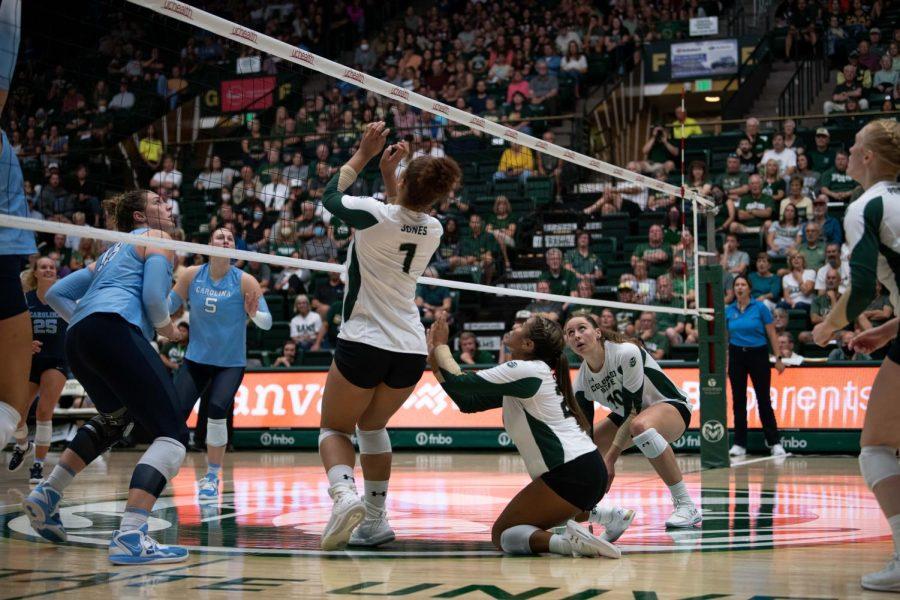 Colorado State University Middle Blocker Malaya Jones (1) blocks the ball during the CSU Volleyball game against the North Carolina Tarheels at Moby Arena Aug. 26 The Game resulted in a win for CSU of 25-17.