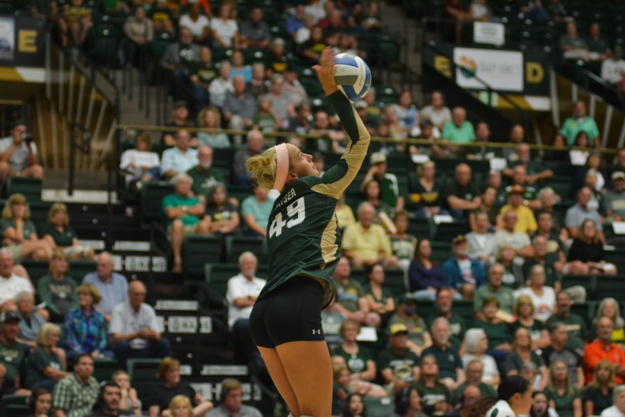 Colorado State defensive specialist Ruby Kayser serves the ball against the University of California, Santa Barbara