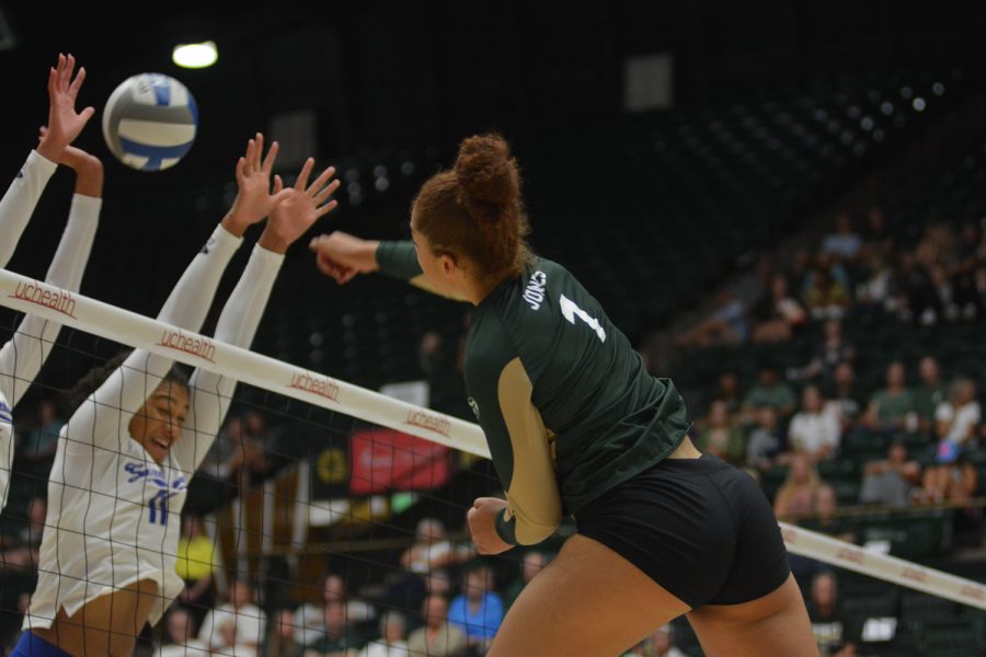 Colorado State middle blocker Malaya Jones spikes the ball in the Rams 3-1 win over the University of California, Santa Barbara