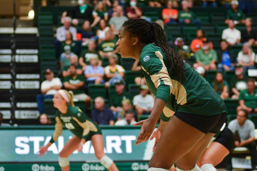 Colorado State outside hitter Kennedy Stanford waits for a serve from the University of California, Santa Barbara