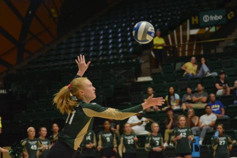 Colorado State setter Ciera Pritchard throws the ball up to serve it against the University of California, Santa Barbara