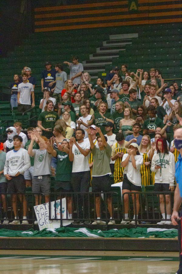 Colorado State University Ram fans cheer as the ball is served