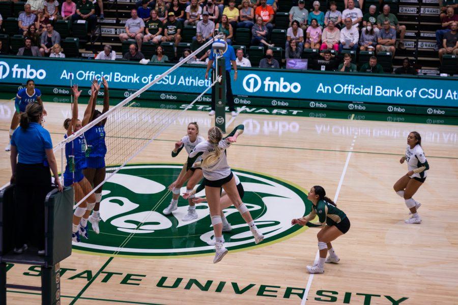 Annie Sullivan (2) spiking a ball during the Colorado State University vs Florida Gulf Coast University game on Sep. 2. Colorado State won 3-1.