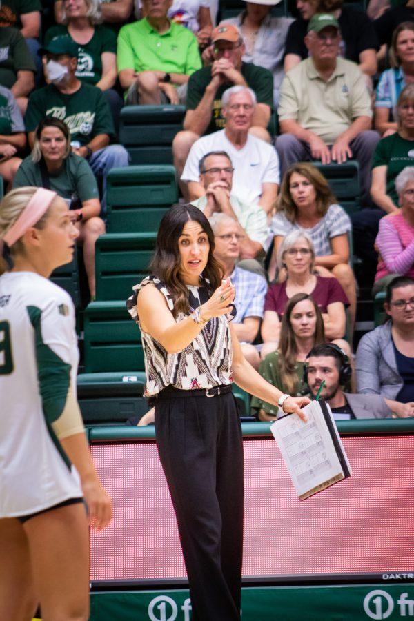 Associate Head Coach Emily Kohan talking to the Colorado State University volleyball players during the Colorado State University vs Florida Gulf Coast University game on Sep. 2. Colorado State won 3-1.