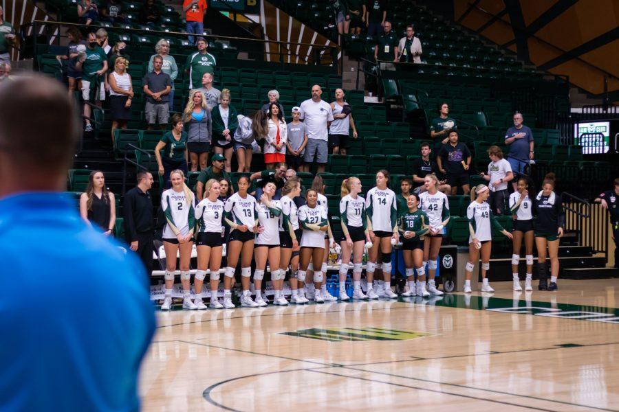 Colorado State University volleyball team lined up before the game against Florida Gulf Coast University on Sep. 2. Colorado State won 3-1.