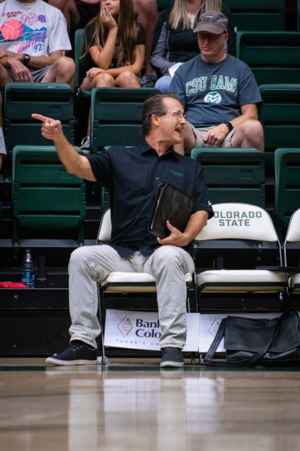 Head coach Tom Hilbert pointing out a bad play during the Colorado State University vs Florida Gulf Coast University game on Sep. 2. Colorado State won 3-1.