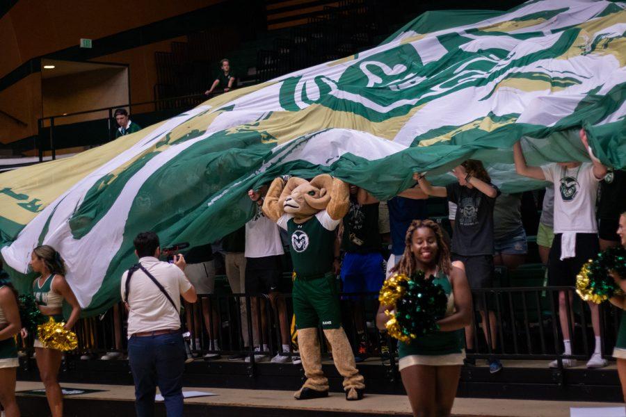 Colorado State University Mascot, Cam The Ram raising the flag with fans during the game against Florida Gulf Coast University on Sep. 2. Colorado State won 3-1.
