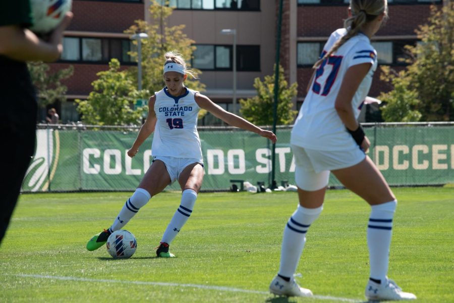 Colorado State defender Hale Otto (19) passes the ball to defender Caroline Lucas (27) in the home game against the Southeast Missouri Semos. The Rams went on to beat the visiting team 2-0.