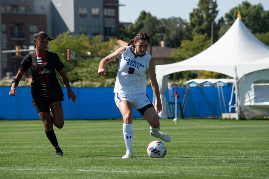 Colorado State midfielder Izzy Wildermuth (3) dribbles the ball past Southeast Missouri's forward Kiana Khedoo during the home game on September 4th. The Rams later beat the visting team 2-0.
