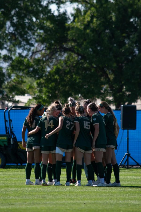 Members of the Colorado State women’s soccer team huddle up during their match against the University of Denver Sept 11