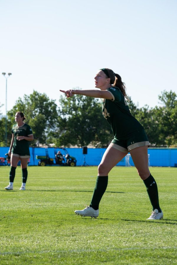 Colorado State defender Sarah Hogenkamp (24) calls out a play during the CSU women’s soccer game against the University of Denver Sept. 11