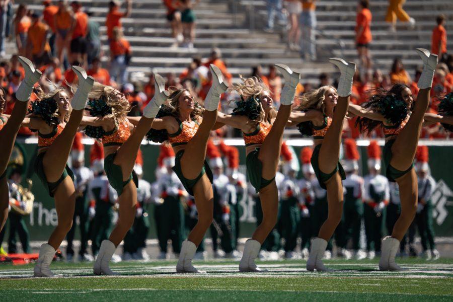 The Colorado State University Golden Poms performs before the football game