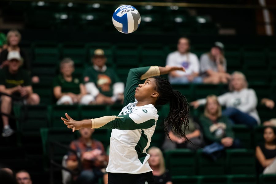 Colorado State University outside hitter Kennedy Stanford (17) serves the ball in the first set of the Border War game Sept. 20. The Rams defeated the Cowgirls 3-1.