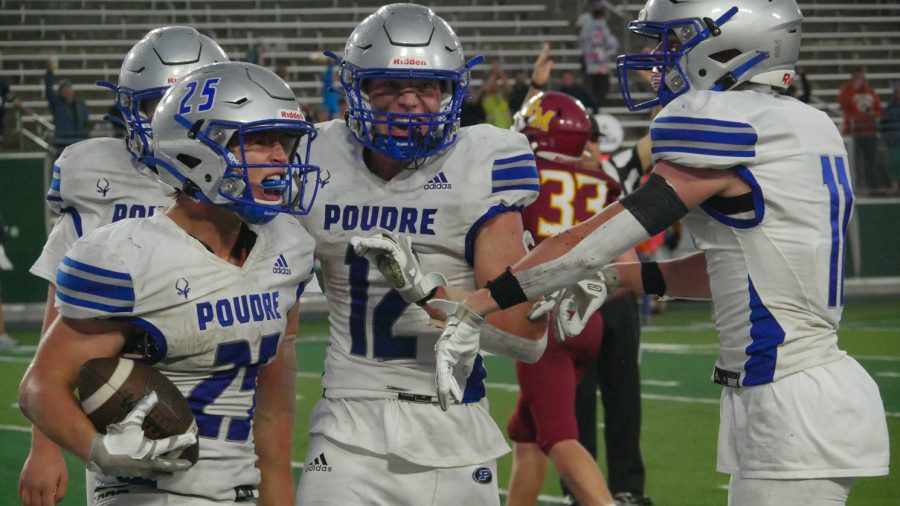 Poudre running back Saje Camirand celebrates a touchdown that put his team up 21-7 over the Rocky Mountain Lobos Sept. 30. Poudre and Rocky Mountain played each other for their first league game, with the Impalas coming out on top 34-7 at Canvas Stadium.