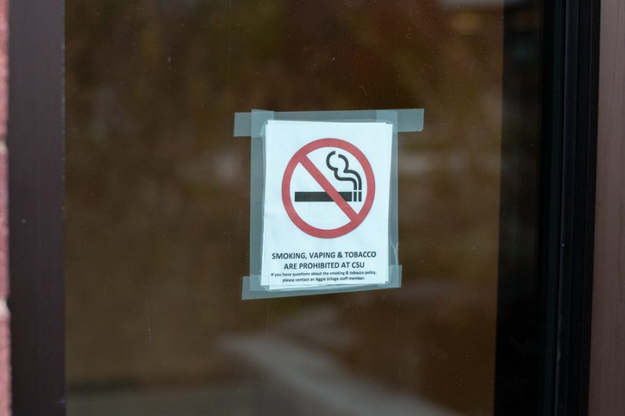 A no smoking sign posted outside Colorado State University Cottonwood apartment