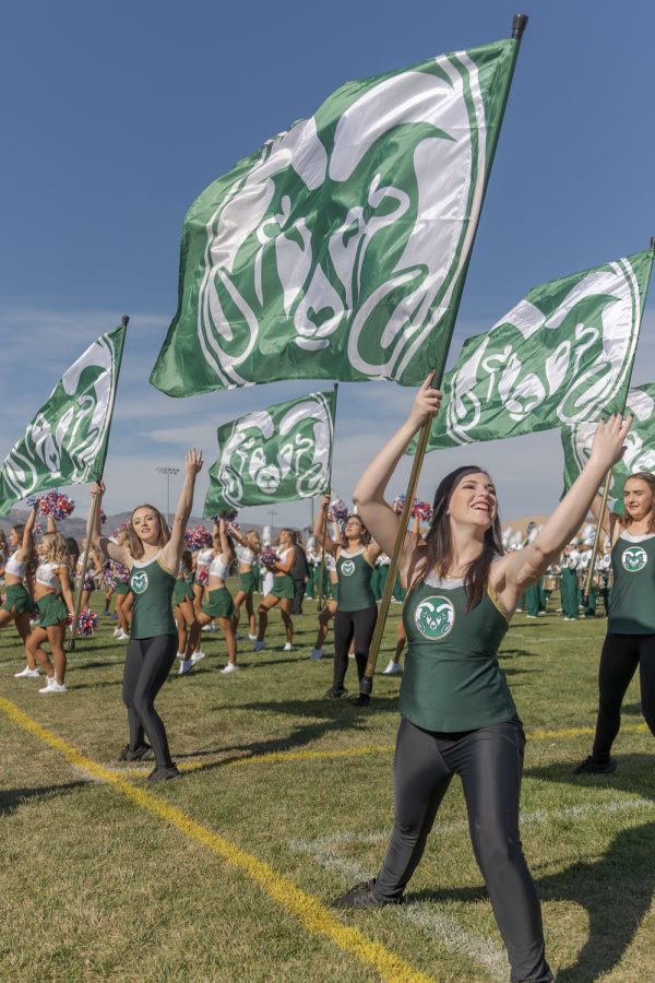 Colorado State University Color Guard performs at the Ram Walk tailgate