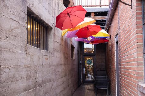 Umbrellas dangle in an alley outside of Happy Luckys Teahouse in Fort Collins