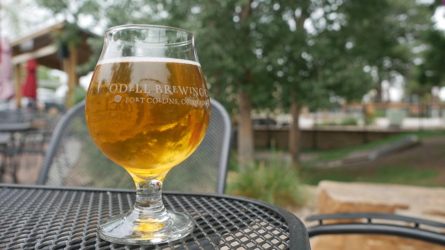 The What the Chukker IPA on a table outside Odell Brewing Co.