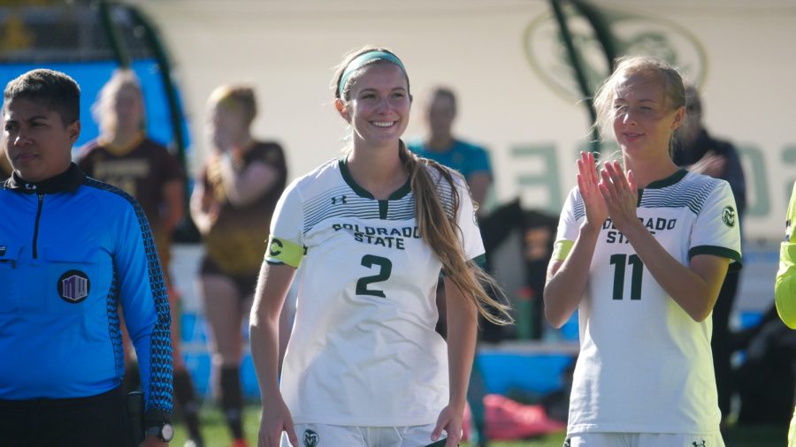 Colorado State defender Kenady Leighton smiles as her name is called during introductions Oct. 27.