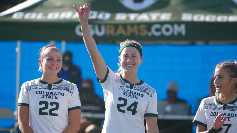 Colorado State senior defender Sarah Hogenkamp throws up a ram's horn hand signal during her introduction Oct. 27