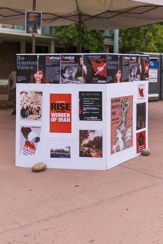 Posters on the Lory Student Center Plaza in support of ongoing protests in Iran