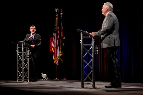.S. Sen. Michael Bennet and U.S. Senate candidate Joe O’Dea respond to questions during their final debate before Election Day in the Lory Student Center