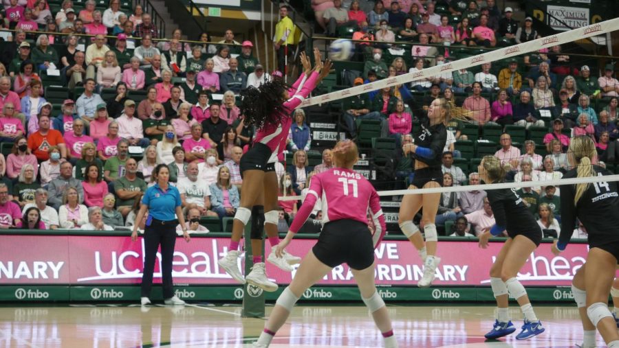 Colorado+State+Middle+blockers+Kennedy+Stanford+and+Naeemah+Weathers+jump+up+to+block+a+spike+by+a+Boise+State+outside+hitter+Oct.+20.