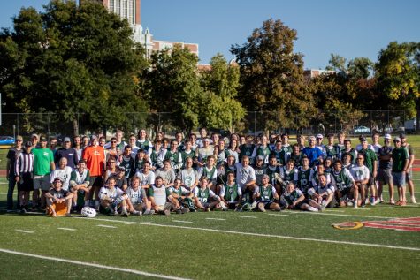 The Colorado State University lacrosse team and alumni pose for a group photo after the team’s annual alumni game