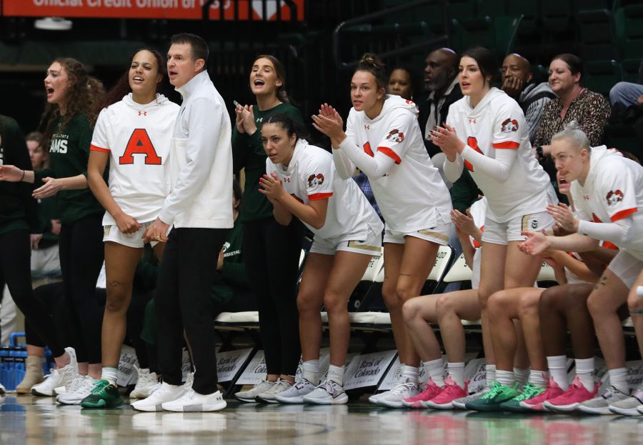 Players of the Colorado State University womens basketball team cheer on their teammates during CSUs game against the University of Montana in Moby Arena Nov. 11, 2022. The Rams secured their second win of the season with a final score of 82-58.