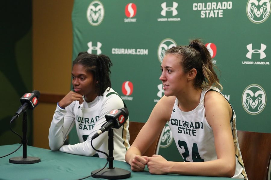 Guard Destiny Thurman (2) and guard Sydney Mech (24) speak to reporters after the Colorado State University womens basketball team beat the University of Montana 82-58 at Moby Arena Nov. 11, 2022. Thurman led the Rams in scoring with 24 points and Mech was third with 12.