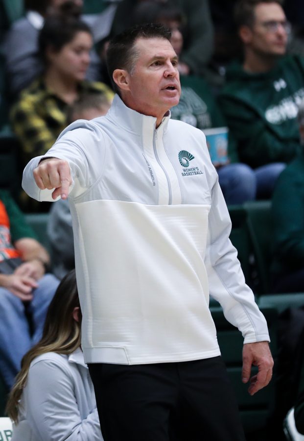 Colorado State University womens basketball head coach Ryun Williams points to a play as his team brings the ball up the court against the University of Montana at Moby Arena Nov. 11, 2022. Williams has been the womens head coach since 2012 and is the winningest coach in program history.