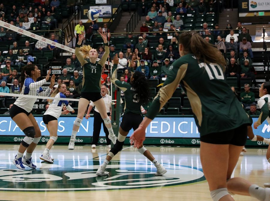 Colorado+State+University+redshirt+senior+Ciera+Pritchard+%2811%29+sets+the+ball+as+Naeemah+Weathers+%289%29+prepares+to+make+a+kill+at+the+CSU+game+against+the+United+States+Air+Force+Academy+at+Moby+Arena+Nov.+12%2C+2022.+The+Rams+won+3-1+after+losing+the+first+set+during+head+coach+Tom+Hilberts+last+regular+season+home+game.