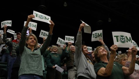 Colorado State University volleyball fans hold signs to honor head coach Tom Hilbert after his last regular season home game at Moby Arena Nov. 12. Hilbert announced his retirement Nov. 7 after 26 years at CSU. The Rams won the game 3-1 against the United States Air Force Academy and will likely return for the Mountain West Volleyball Champion Tournament at the end of November.