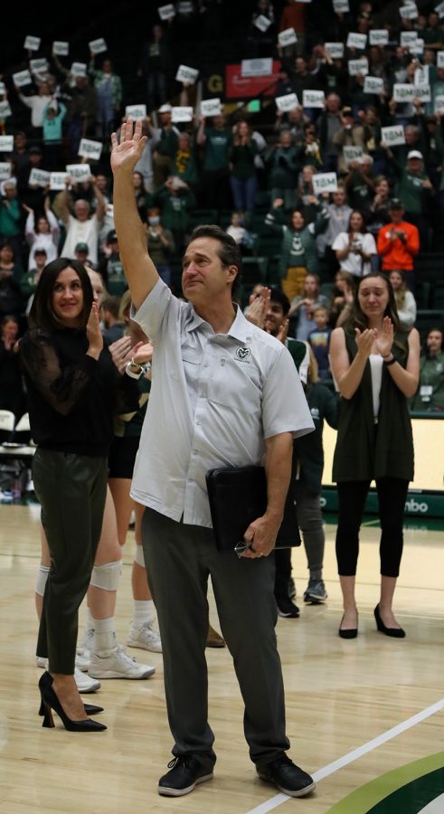 A teary-eyed Tom Hilbert, head coach of the Colorado State University volleyball team for the last 26 years, waves to fans at Moby Arena after the Rams final home game of the regular season Nov. 12, 2022. The Rams beat the United States Air Force Academy 3-1, marking Hilberts 812th collegiate win as a head coach.